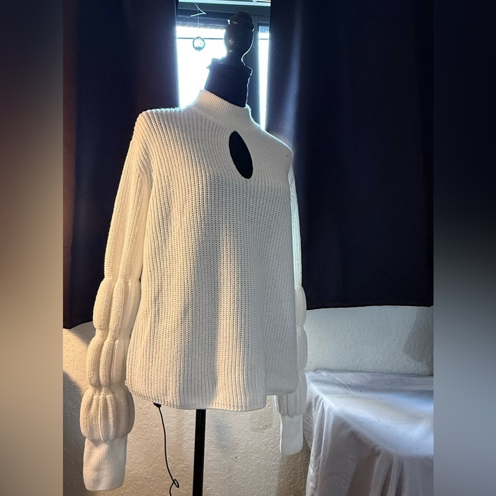 VENUS Cream Cowl Neck Sweater with Textured Sleeves - Picture 2 of 14